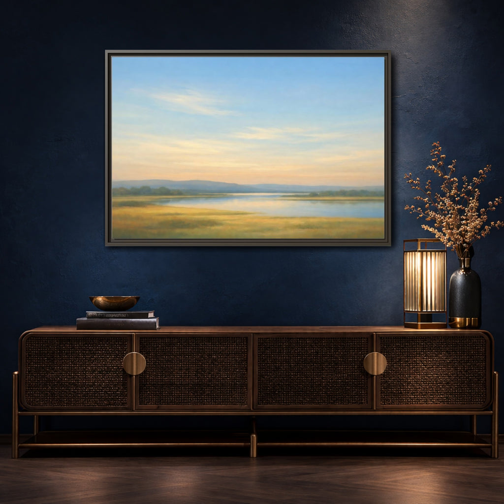 Mockup 4. Nature River Landscape Blue And Gold Landscape shown as stretched canvas wall art