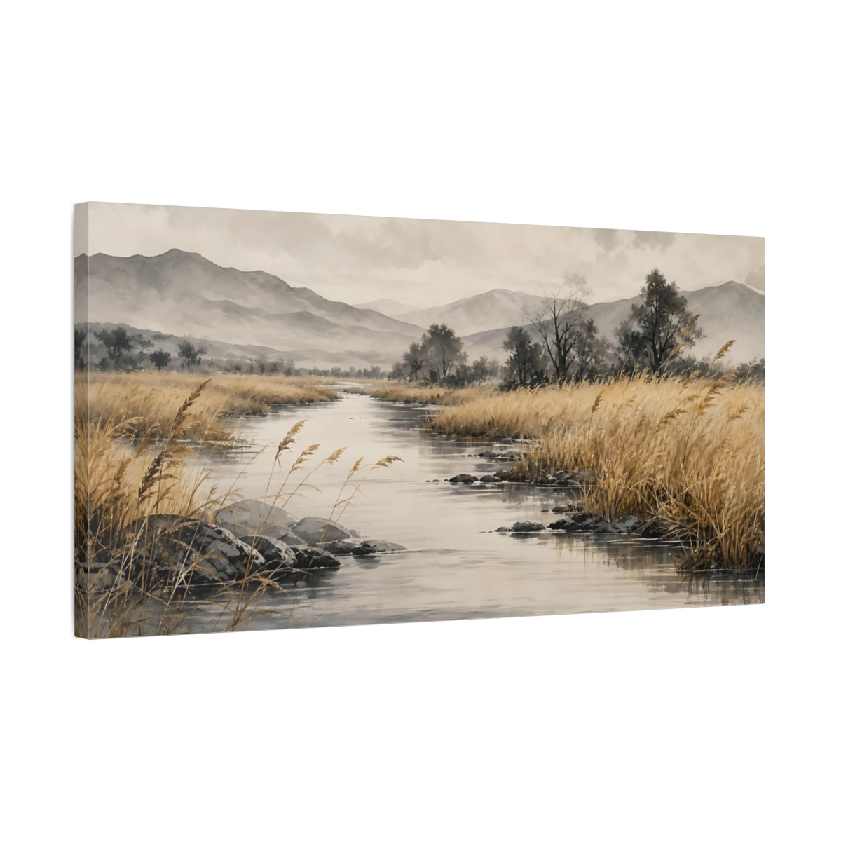Side Mockup 1. Nature River Landscape Brown And Gray shown as stretched canvas wall art