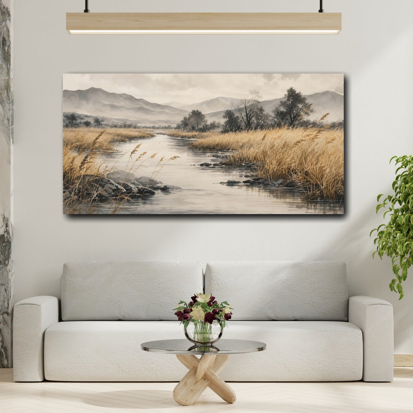 Mockup 2. Nature River Landscape Brown And Gray shown as stretched canvas wall art