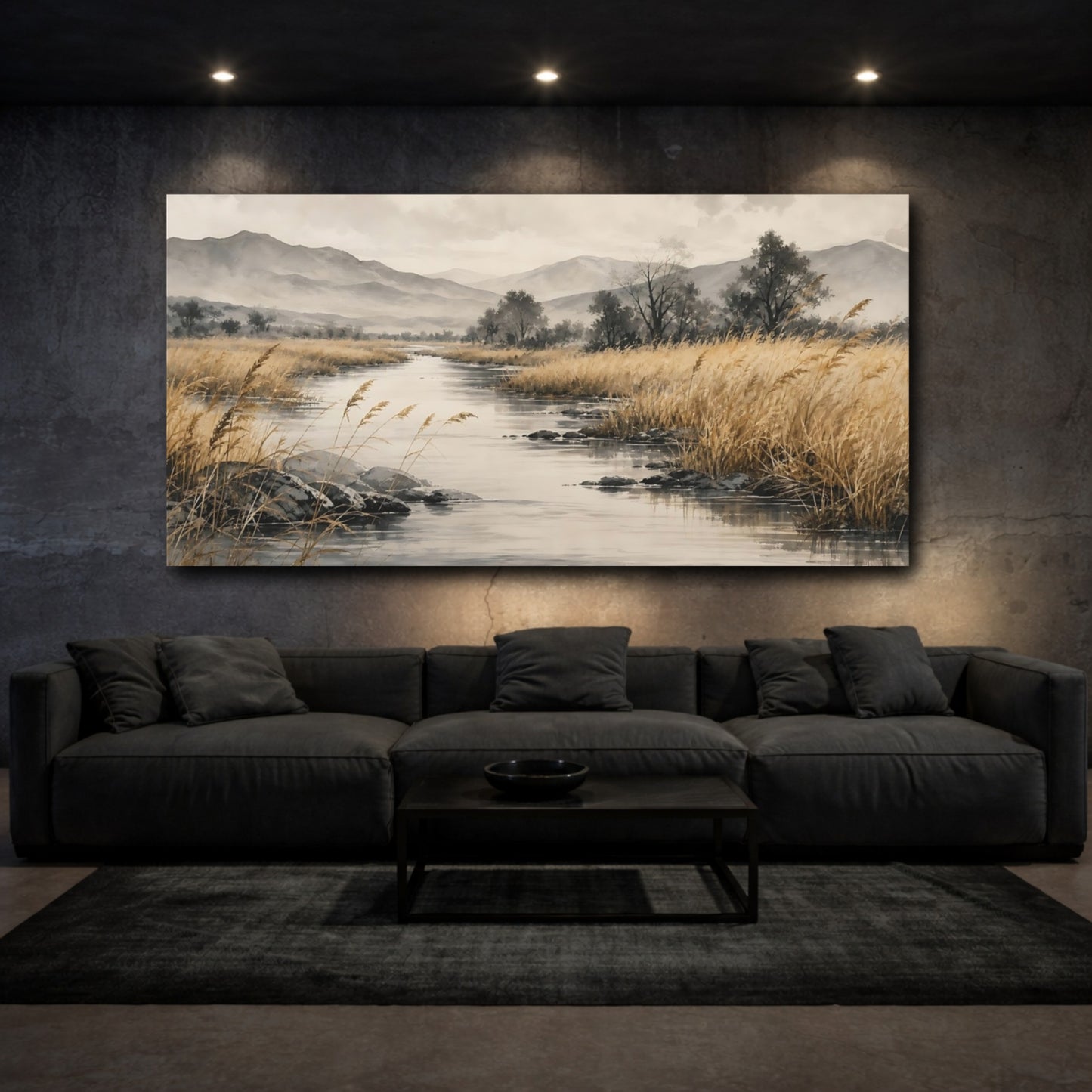 Mockup 3. Nature River Landscape Brown And Gray shown as stretched canvas wall art