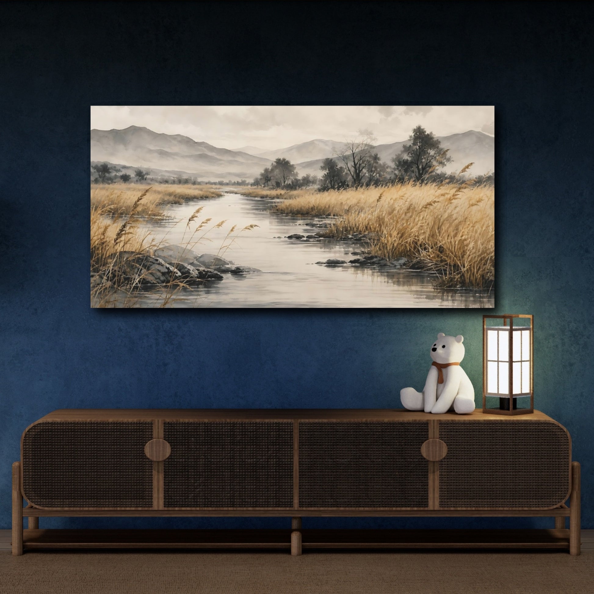 Mockup 4. Nature River Landscape Brown And Gray shown as stretched canvas wall art