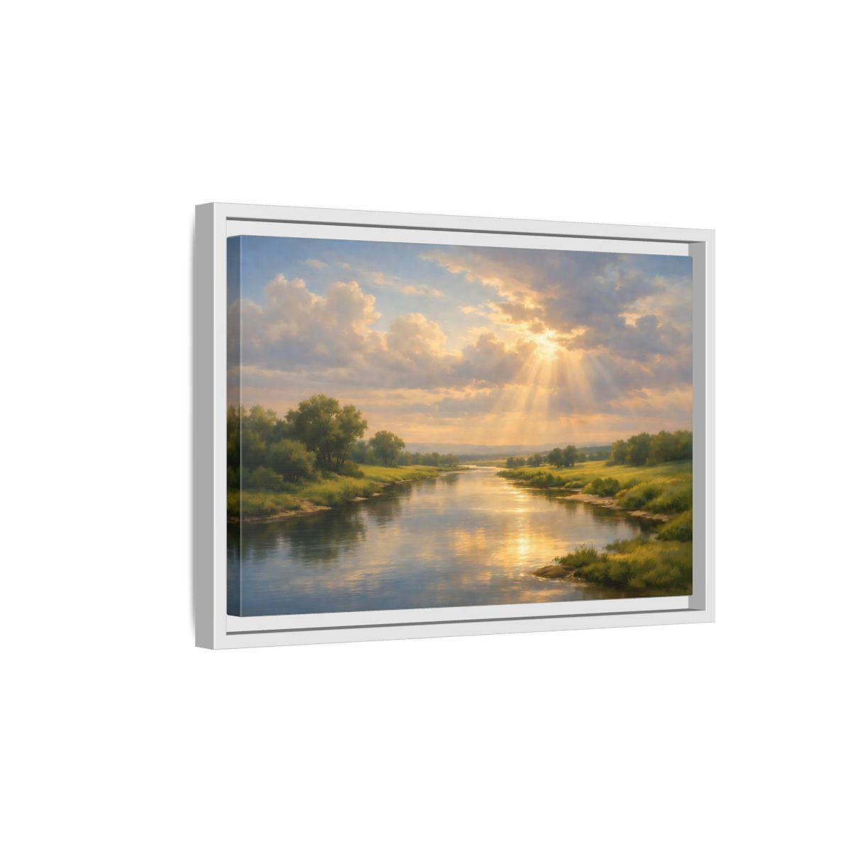 Side Mockup 4. Nature River Landscape Golden River Landscape shown as stretched canvas wall art