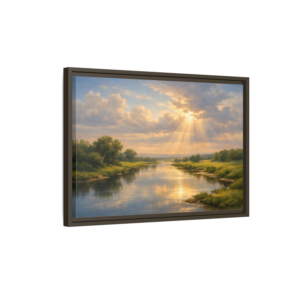 Side Mockup 2. Nature River Landscape Golden River Landscape shown as stretched canvas wall art
