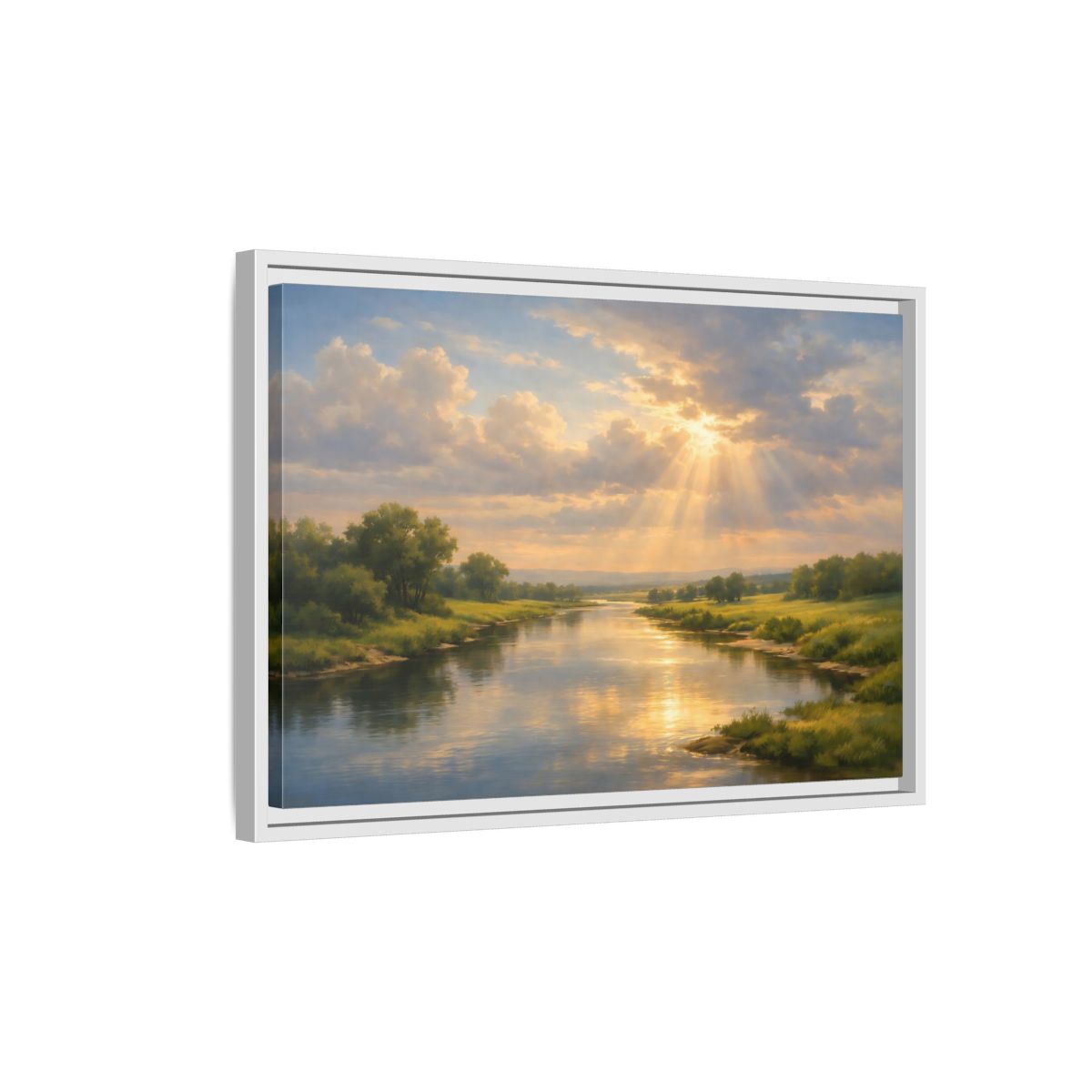 Side Mockup 1. Nature River Landscape Golden River Landscape shown as stretched canvas wall art