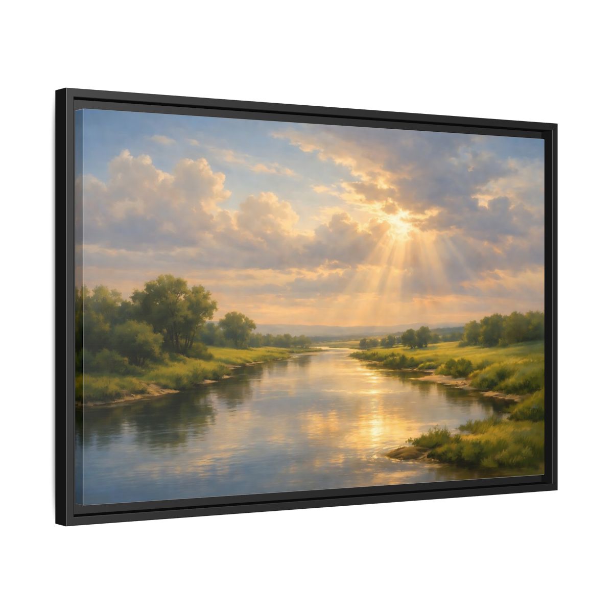 Side Mockup 14. Nature River Landscape Golden River Landscape shown as stretched canvas wall art