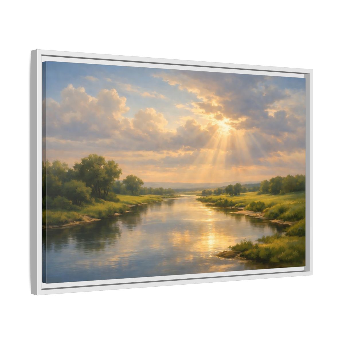 Side Mockup 10. Nature River Landscape Golden River Landscape shown as stretched canvas wall art