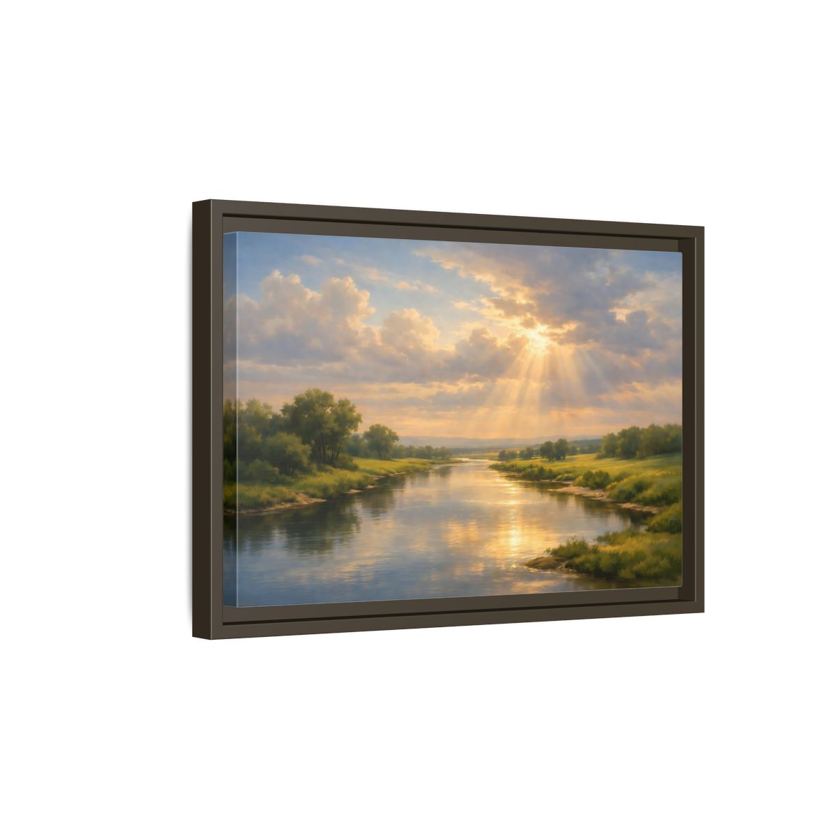 Side Mockup 5. Nature River Landscape Golden River Landscape shown as stretched canvas wall art