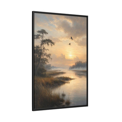 Side Mockup 12. Nature River Landscape Golden River shown as stretched canvas wall art