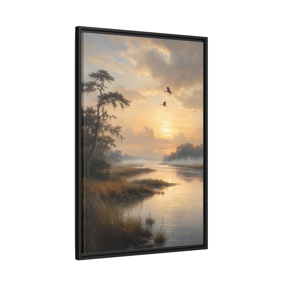 Side Mockup 13. Nature River Landscape Golden River shown as stretched canvas wall art
