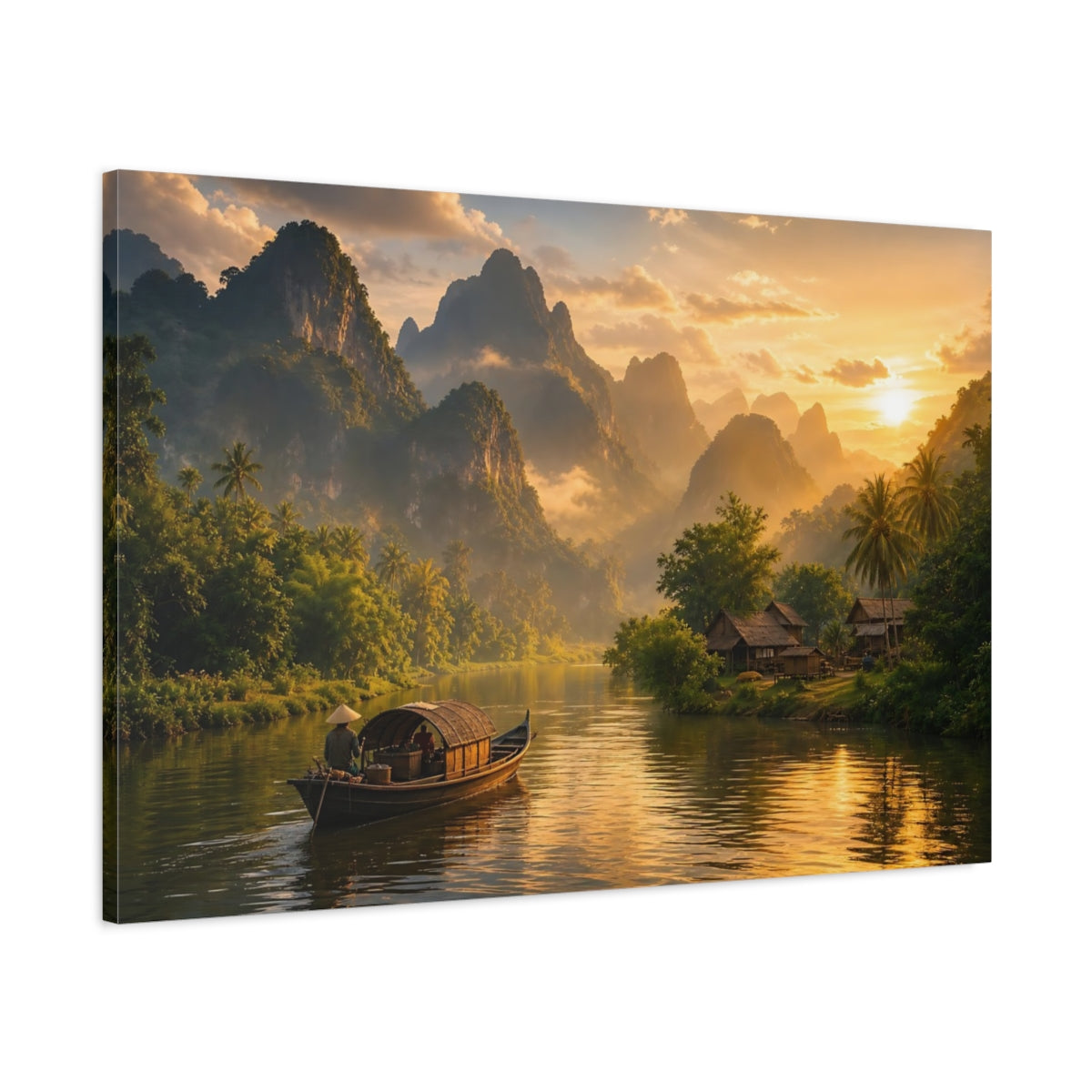 Main Mockup. Nature River Landscape Golden Green shown as stretched canvas wall art