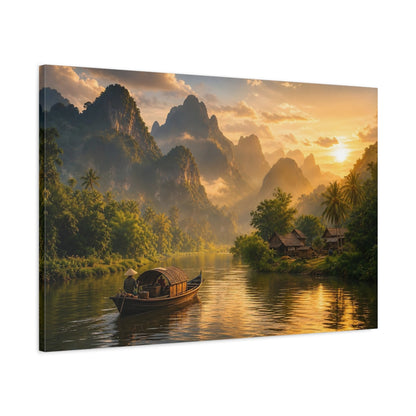 Main Mockup. Nature River Landscape Golden Green shown as stretched canvas wall art