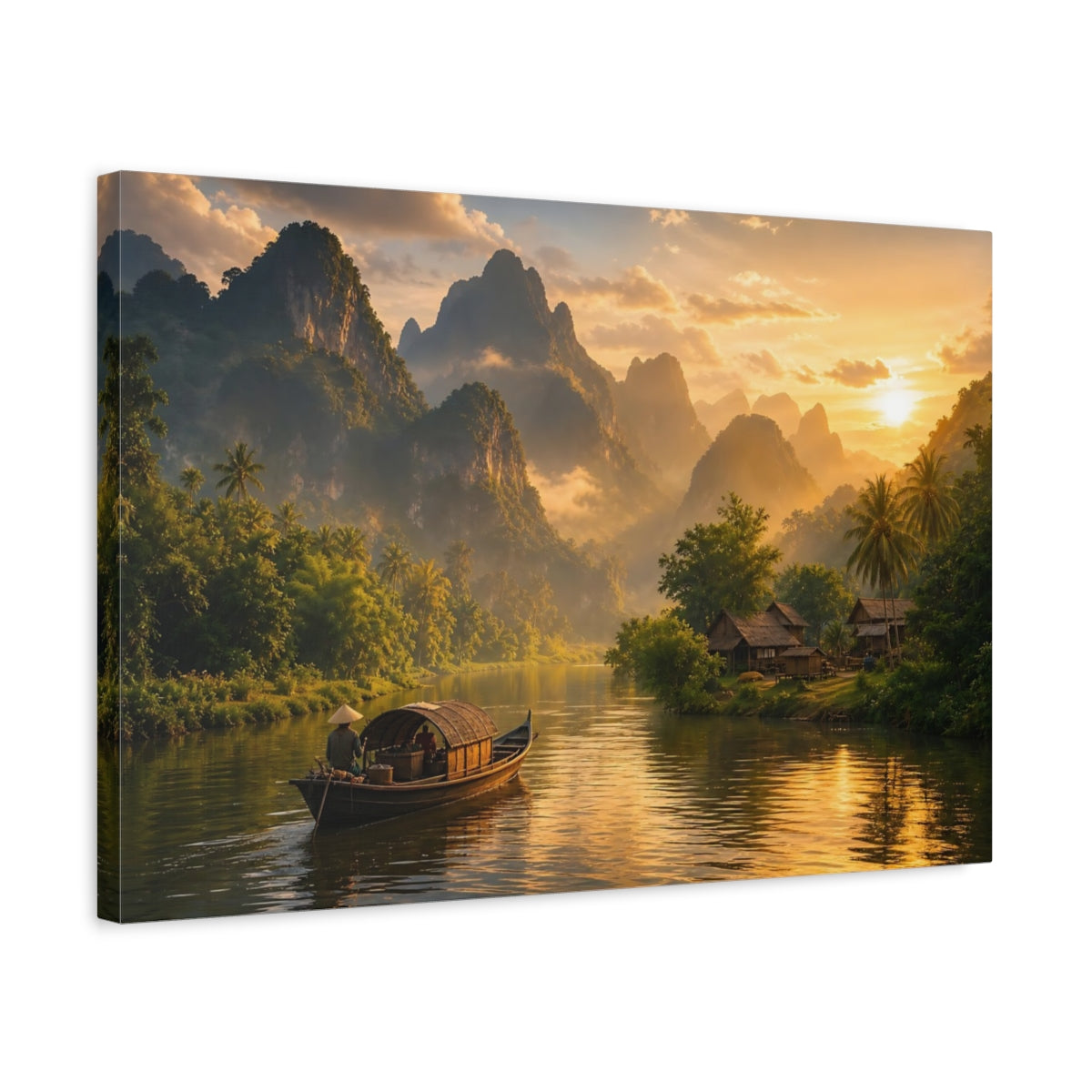 Side Mockup 3. Nature River Landscape Golden Green shown as stretched canvas wall art