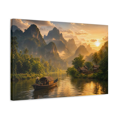 Side Mockup 3. Nature River Landscape Golden Green shown as stretched canvas wall art