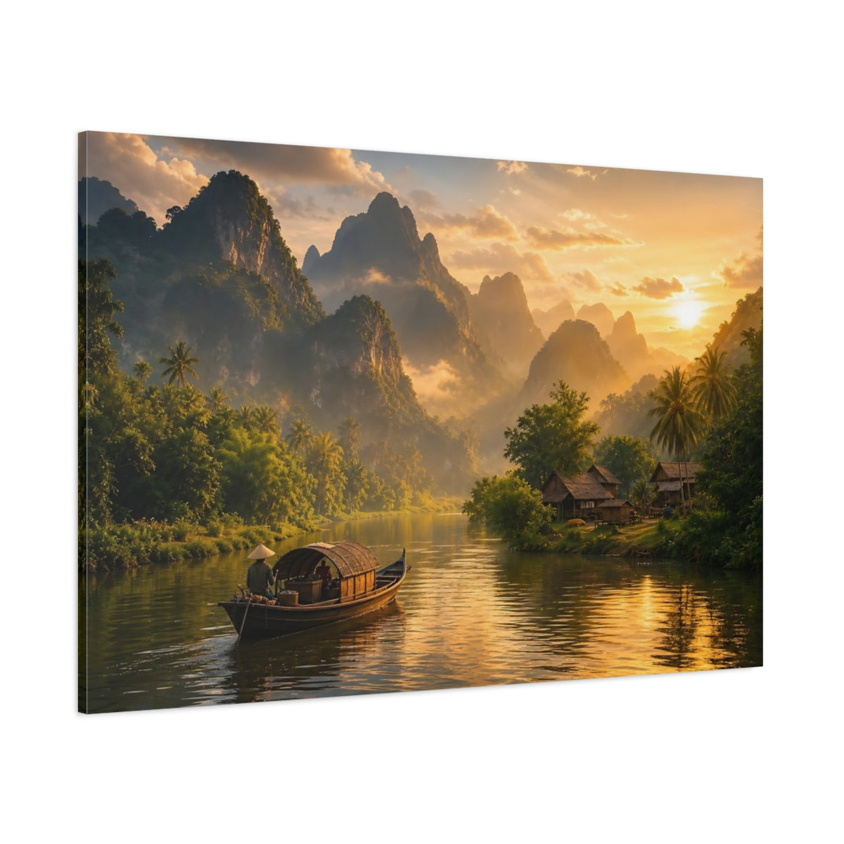 Side Mockup 1. Nature River Landscape Golden Green shown as stretched canvas wall art