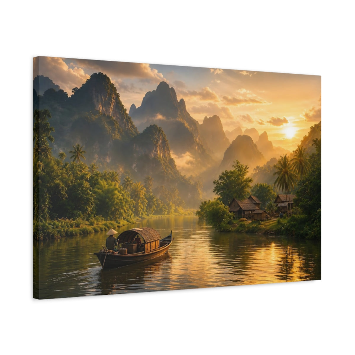 Side Mockup 2. Nature River Landscape Golden Green shown as stretched canvas wall art