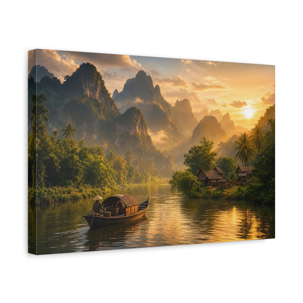 Side Mockup 4. Nature River Landscape Golden Green shown as stretched canvas wall art