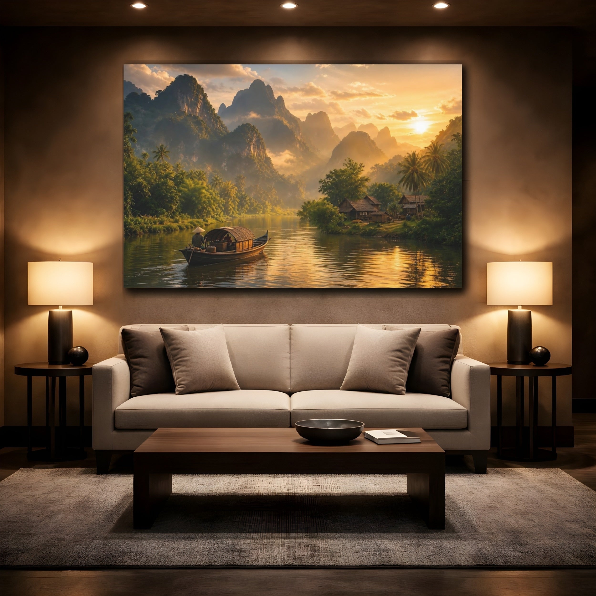Mockup 2. Nature River Landscape Golden Green shown as stretched canvas wall art