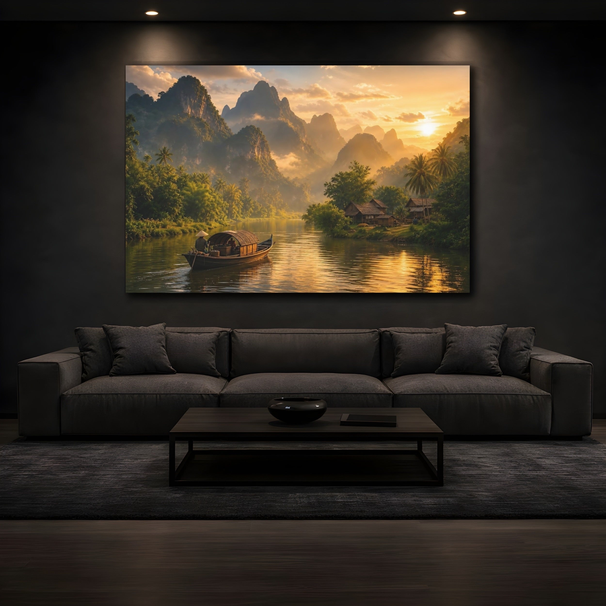 Mockup 3. Nature River Landscape Golden Green shown as stretched canvas wall art