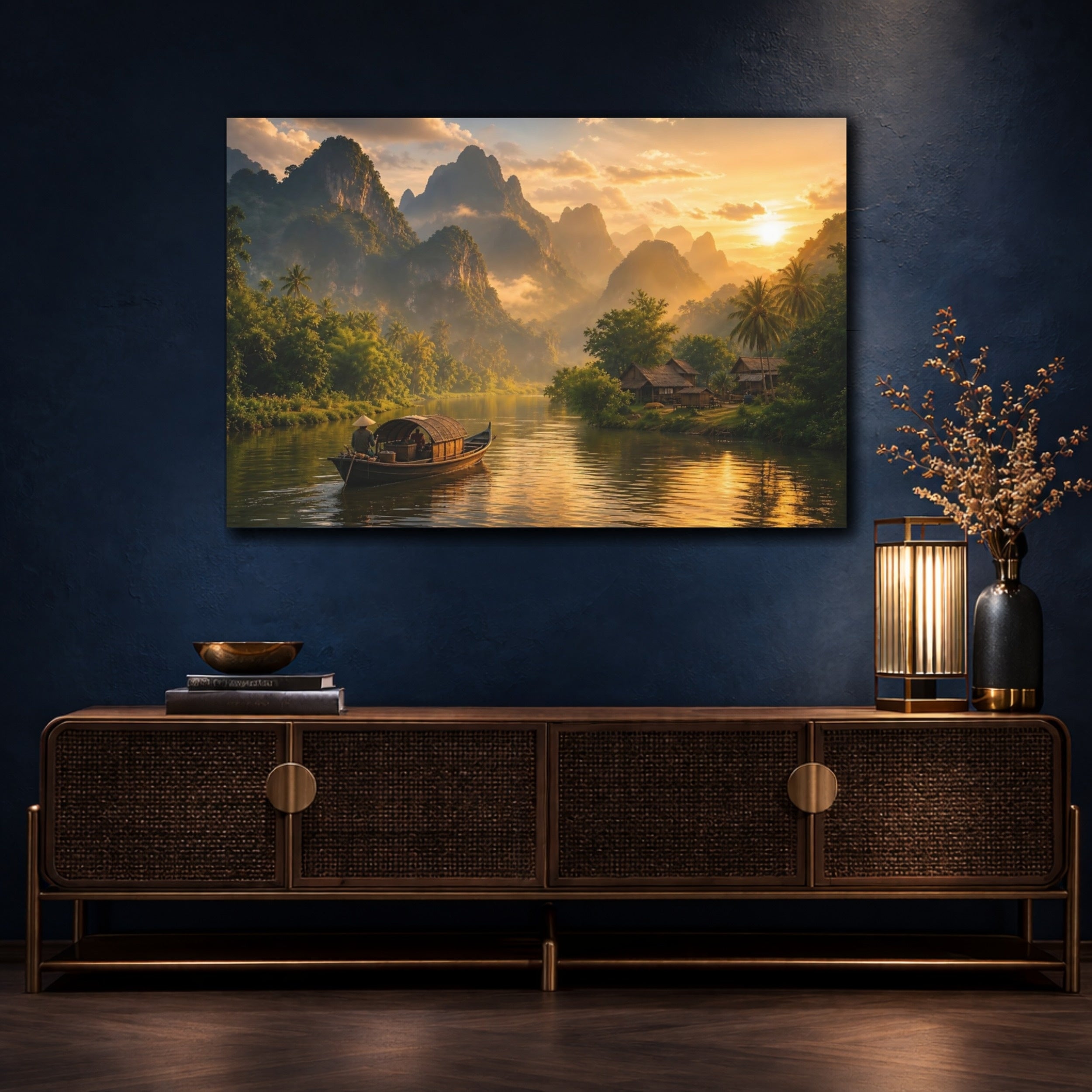 Mockup 4. Nature River Landscape Golden Green shown as stretched canvas wall art