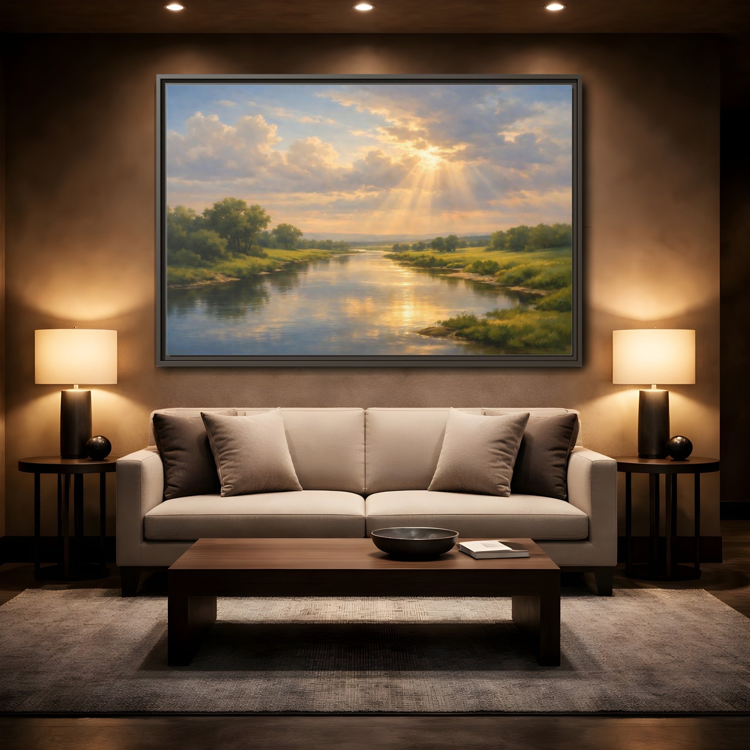 Mockup 2. Nature River Landscape Golden River Landscape shown as stretched canvas wall art