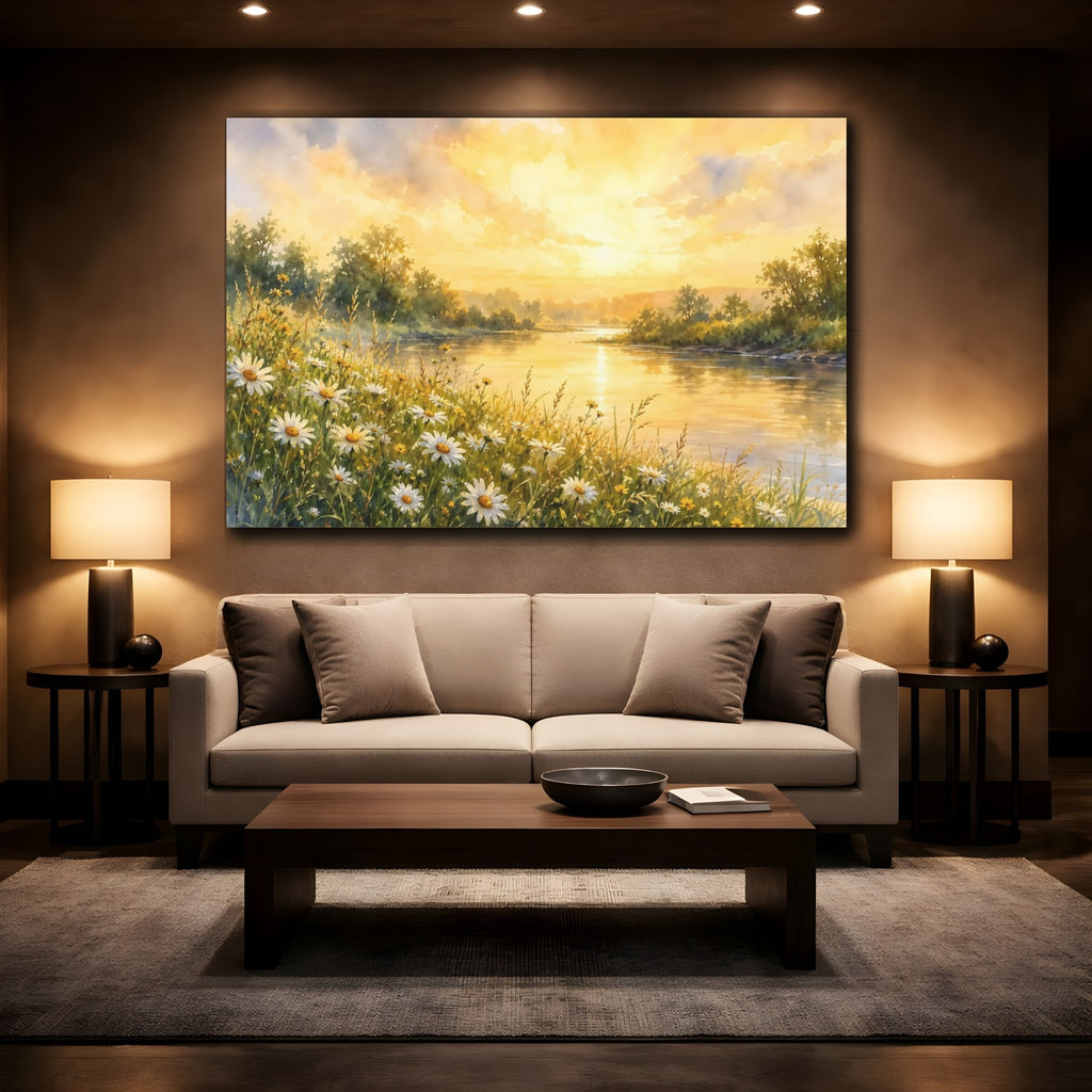 Mockup 2. Nature River Landscape Golden River Landscape shown as stretched canvas wall art