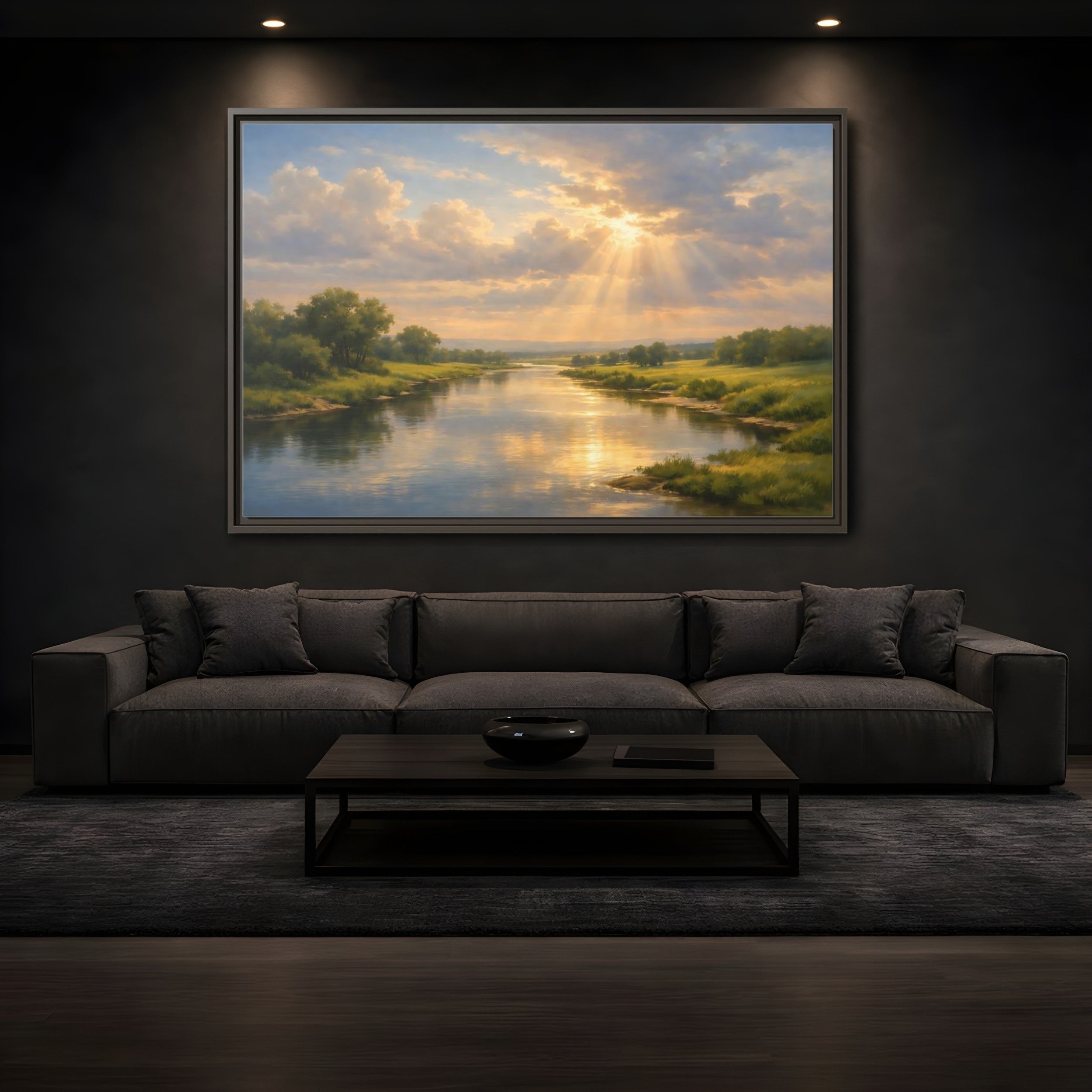 Mockup 3. Nature River Landscape Golden River Landscape shown as stretched canvas wall art