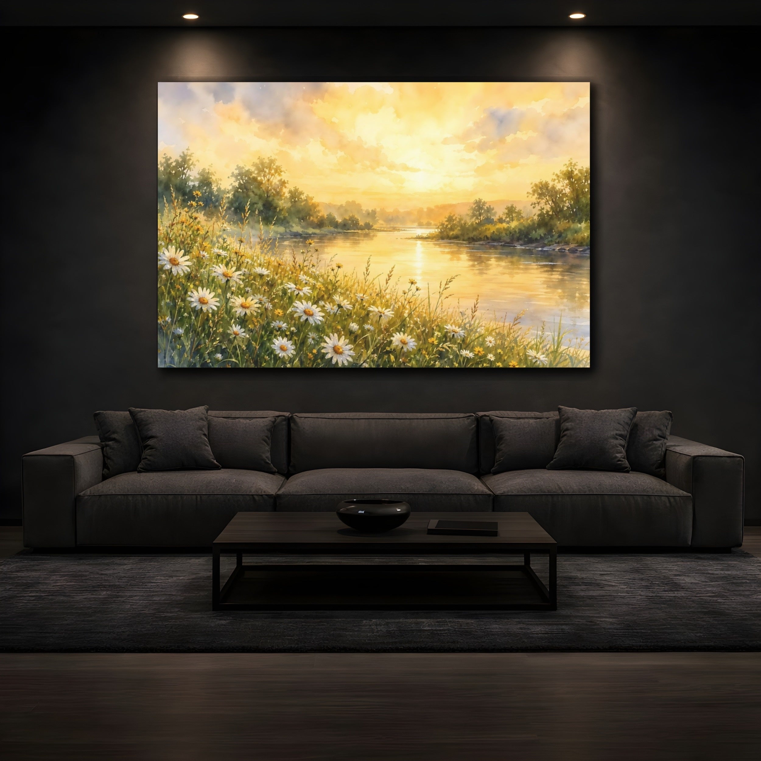 Mockup 3. Nature River Landscape Golden River Landscape shown as stretched canvas wall art