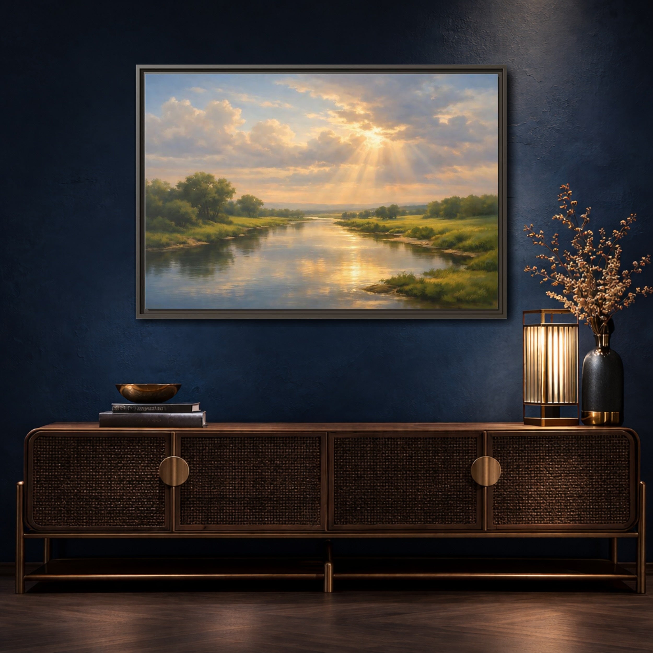 Mockup 4. Nature River Landscape Golden River Landscape shown as stretched canvas wall art
