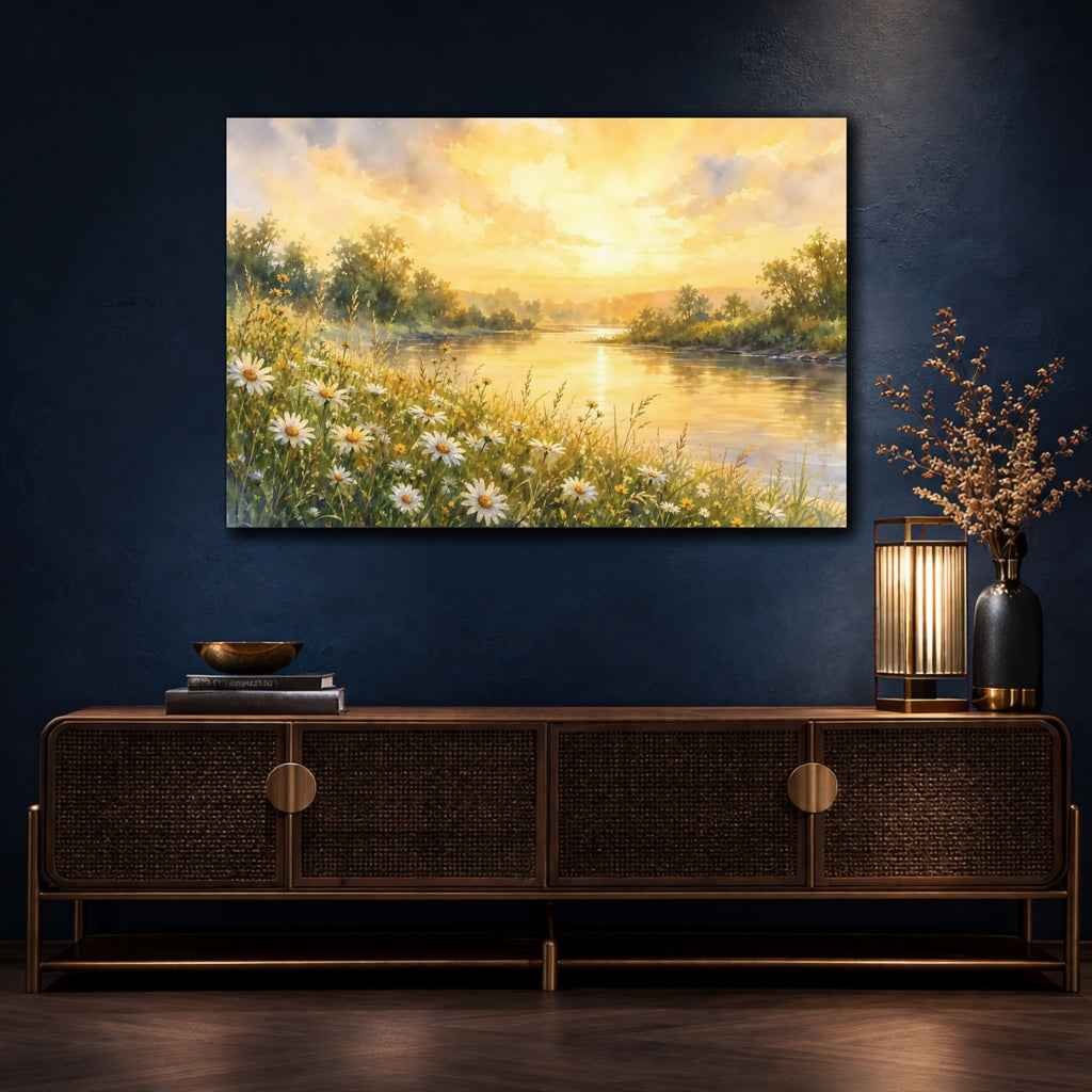 Mockup 4. Nature River Landscape Golden River Landscape shown as stretched canvas wall art