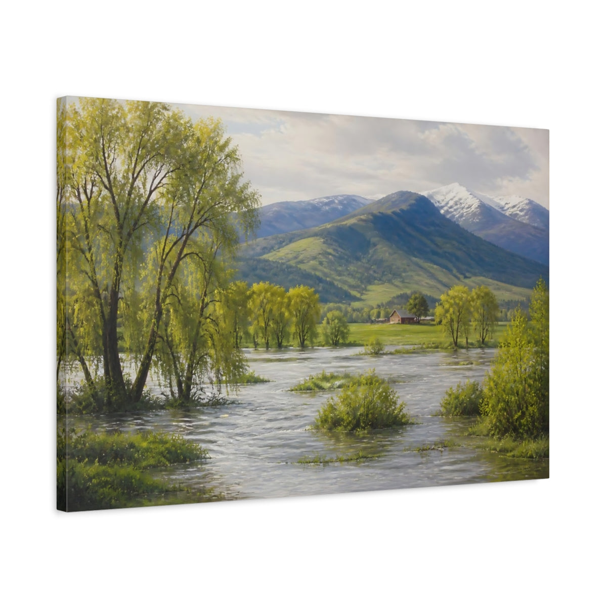 Side Mockup 2. Nature River Landscape Green Mountain River shown as stretched canvas wall art