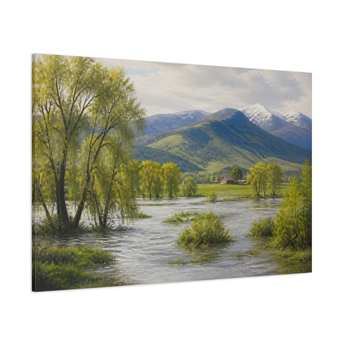 Side Mockup 1. Nature River Landscape Green Mountain River shown as stretched canvas wall art
