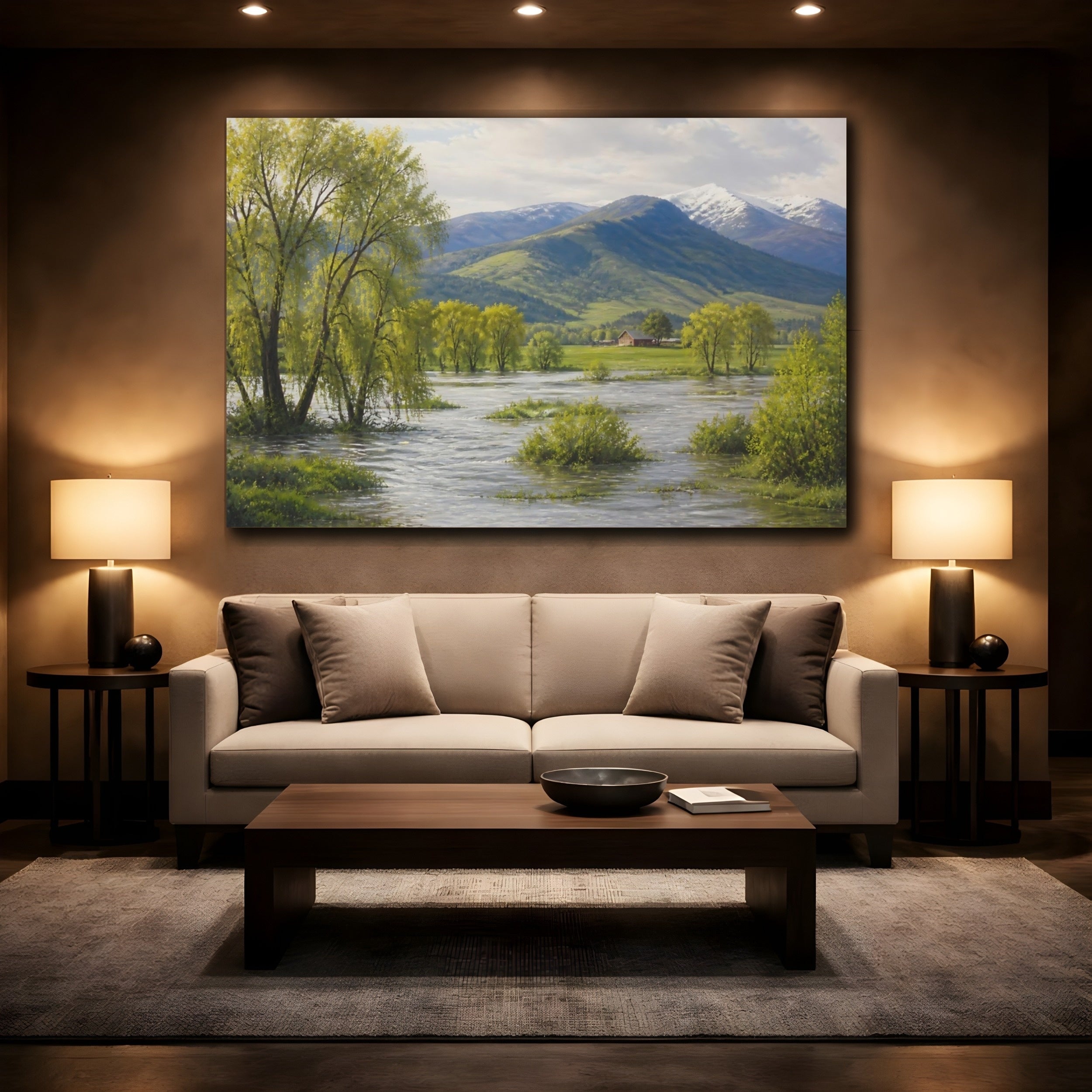 Mockup 2. Nature River Landscape Green Mountain River shown as stretched canvas wall art