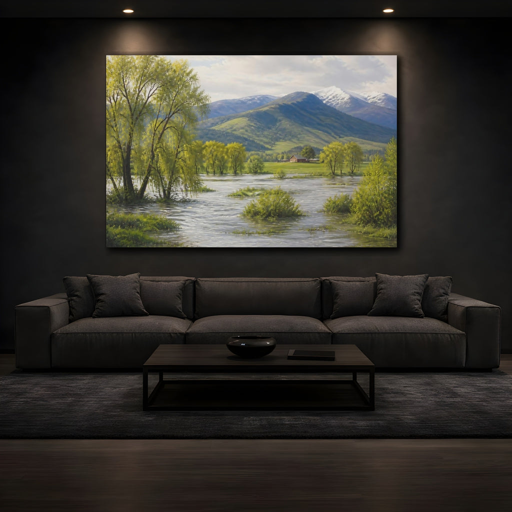 Mockup 3. Nature River Landscape Green Mountain River shown as stretched canvas wall art