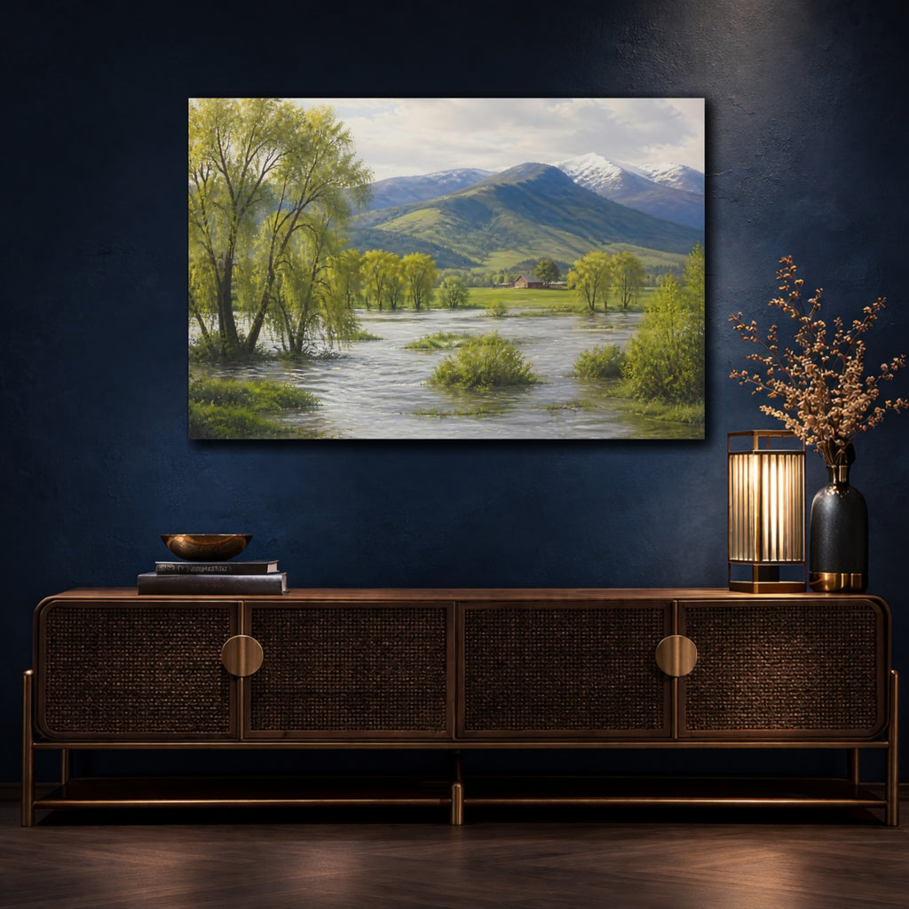 Mockup 4. Nature River Landscape Green Mountain River shown as stretched canvas wall art