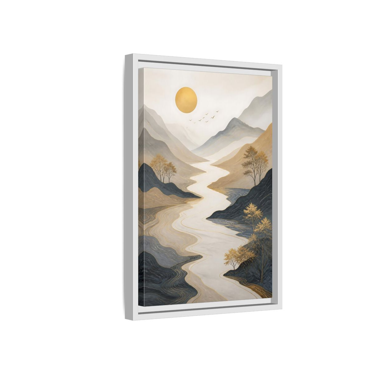 Side Mockup 4. Nature River Mountains Gold Mountain River shown as stretched canvas wall art