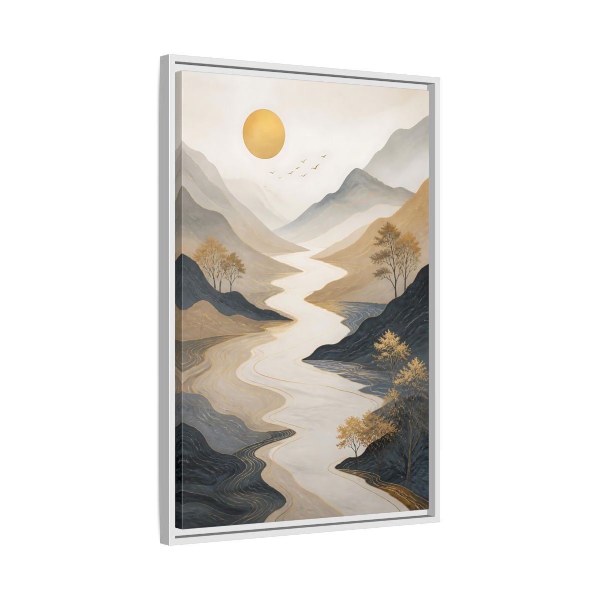 Side Mockup 10. Nature River Mountains Gold Mountain River shown as stretched canvas wall art