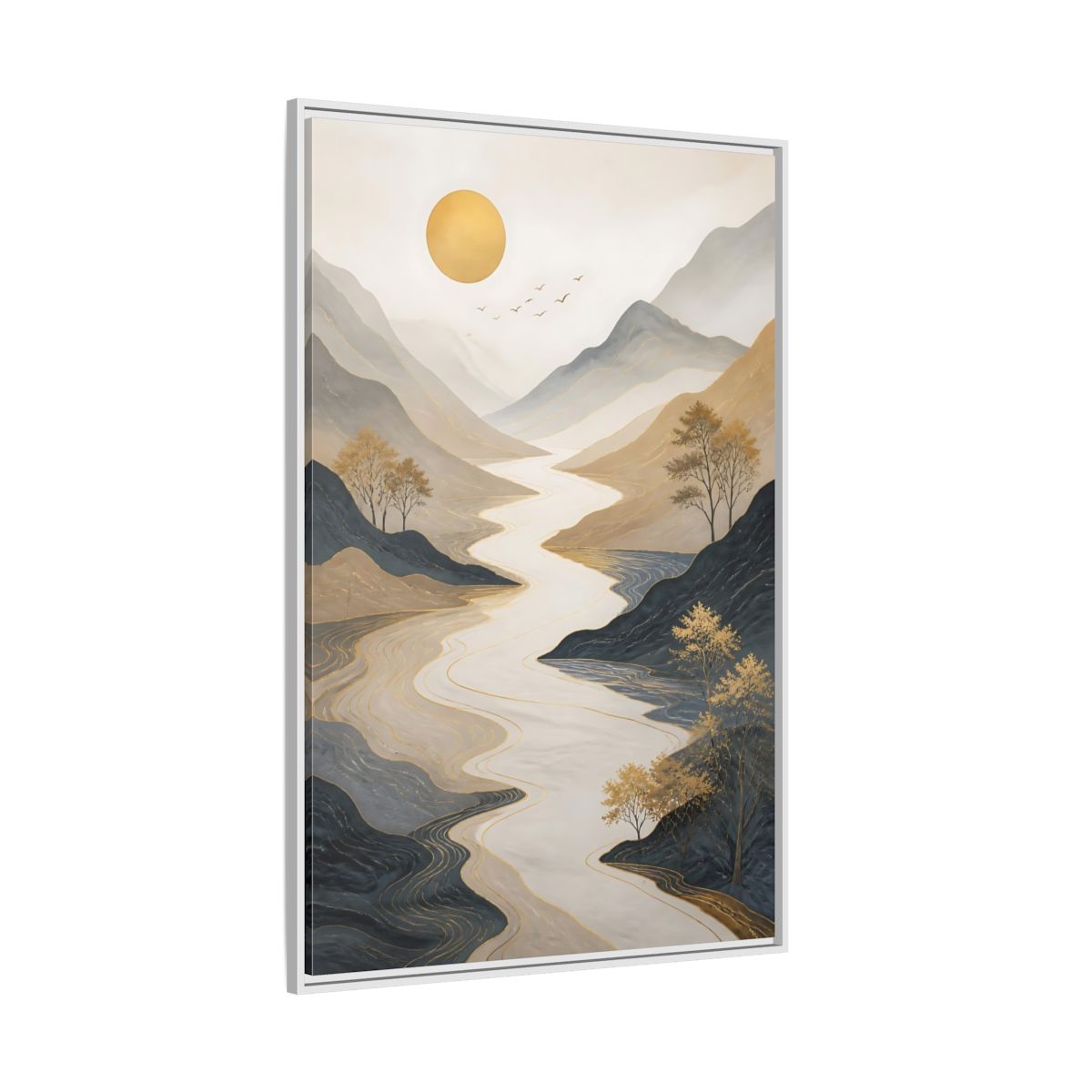 Side Mockup 7. Nature River Mountains Gold Mountain River shown as stretched canvas wall art
