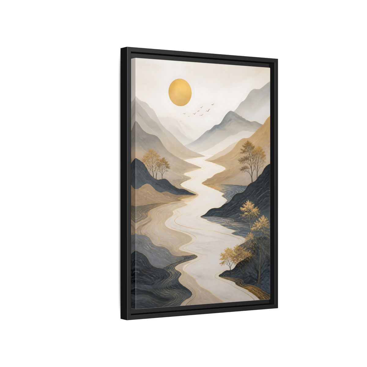Side Mockup 3. Nature River Mountains Gold Mountain River shown as stretched canvas wall art