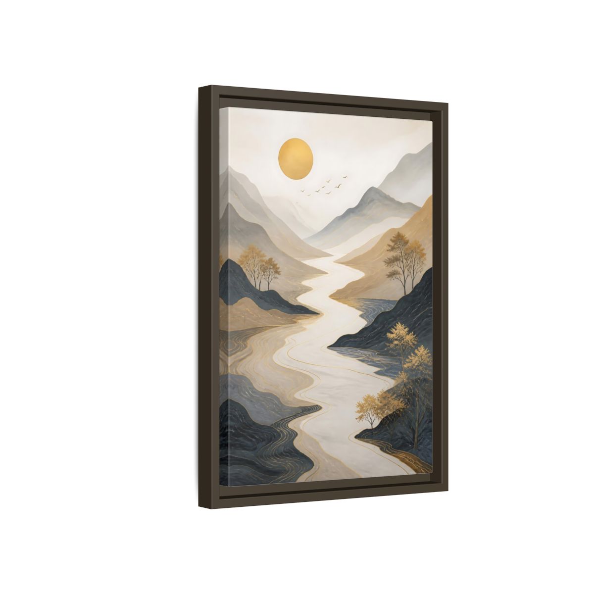 Side Mockup 5. Nature River Mountains Gold Mountain River shown as stretched canvas wall art