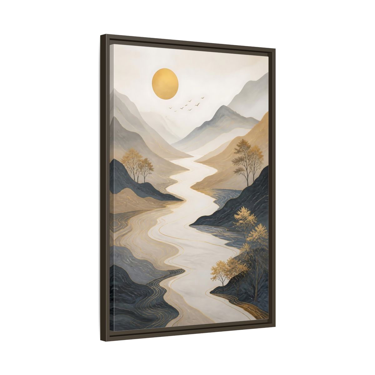 Side Mockup 11. Nature River Mountains Gold Mountain River shown as stretched canvas wall art