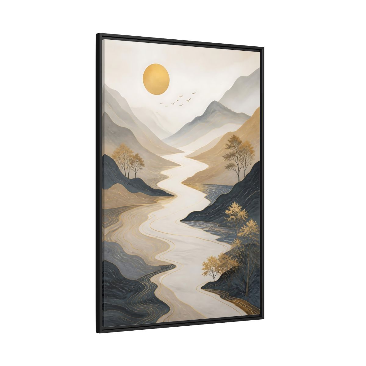 Side Mockup 12. Nature River Mountains Gold Mountain River shown as stretched canvas wall art