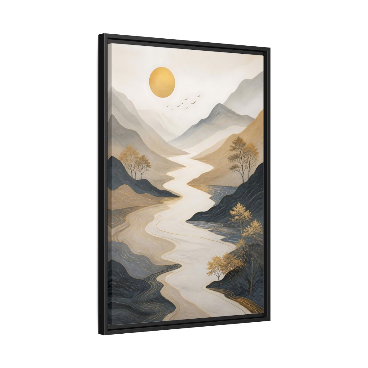 Side Mockup 14. Nature River Mountains Gold Mountain River shown as stretched canvas wall art