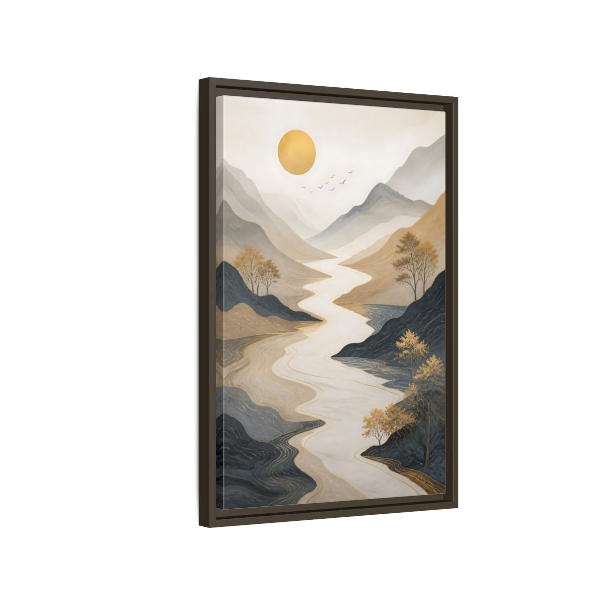 Side Mockup 2. Nature River Mountains Gold Mountain River shown as stretched canvas wall art