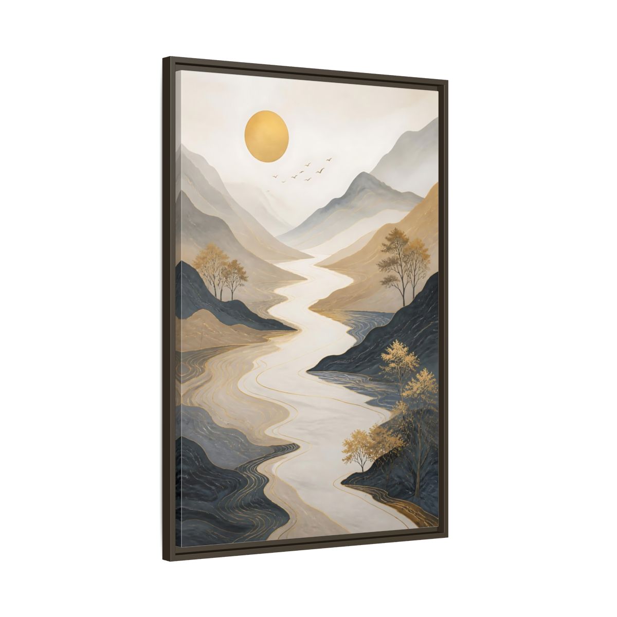 Main Mockup. Nature River Mountains Gold Mountain River shown as stretched canvas wall art
