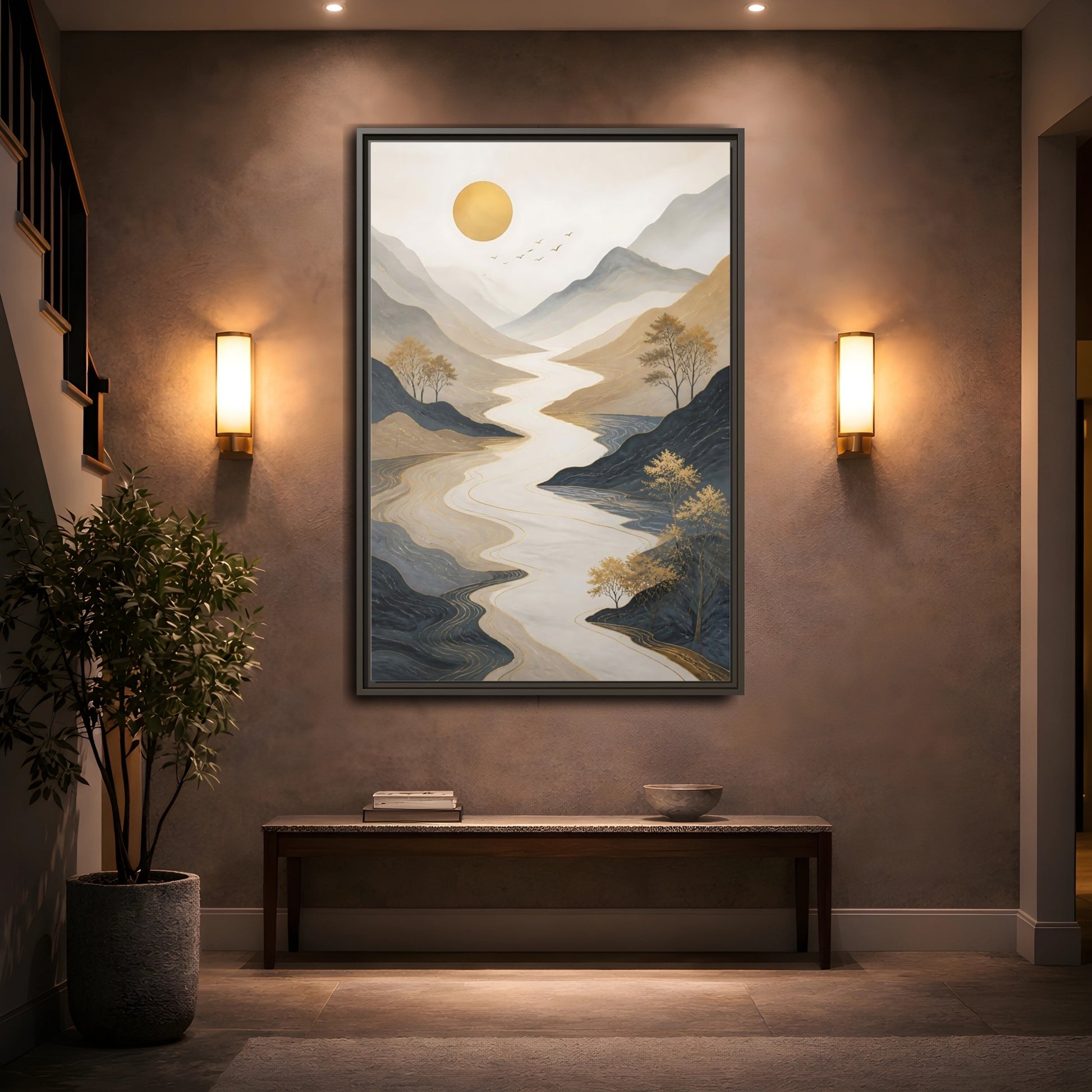 Mockup 2. Nature River Mountains Gold Mountain River shown as stretched canvas wall art