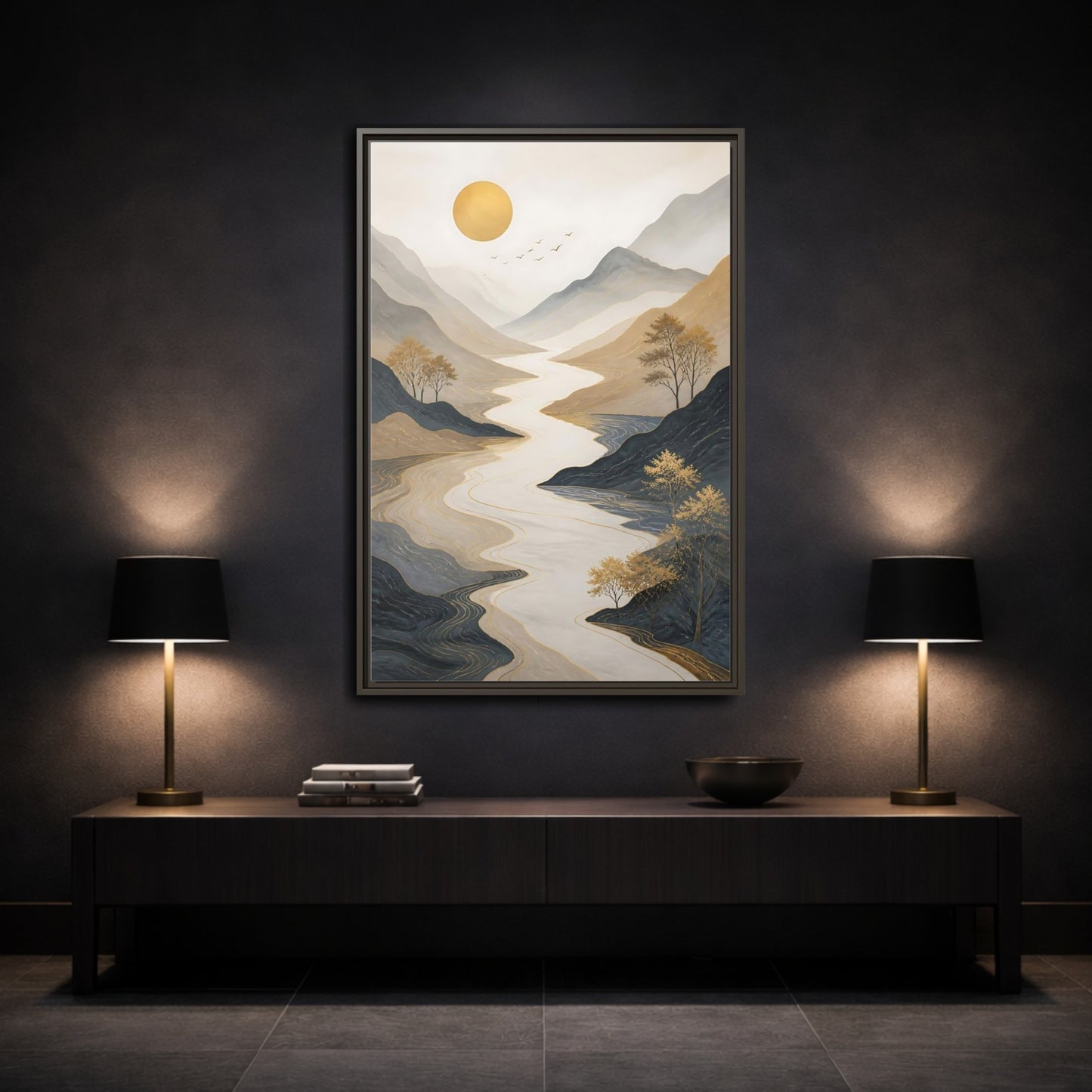 Mockup 3. Nature River Mountains Gold Mountain River shown as stretched canvas wall art