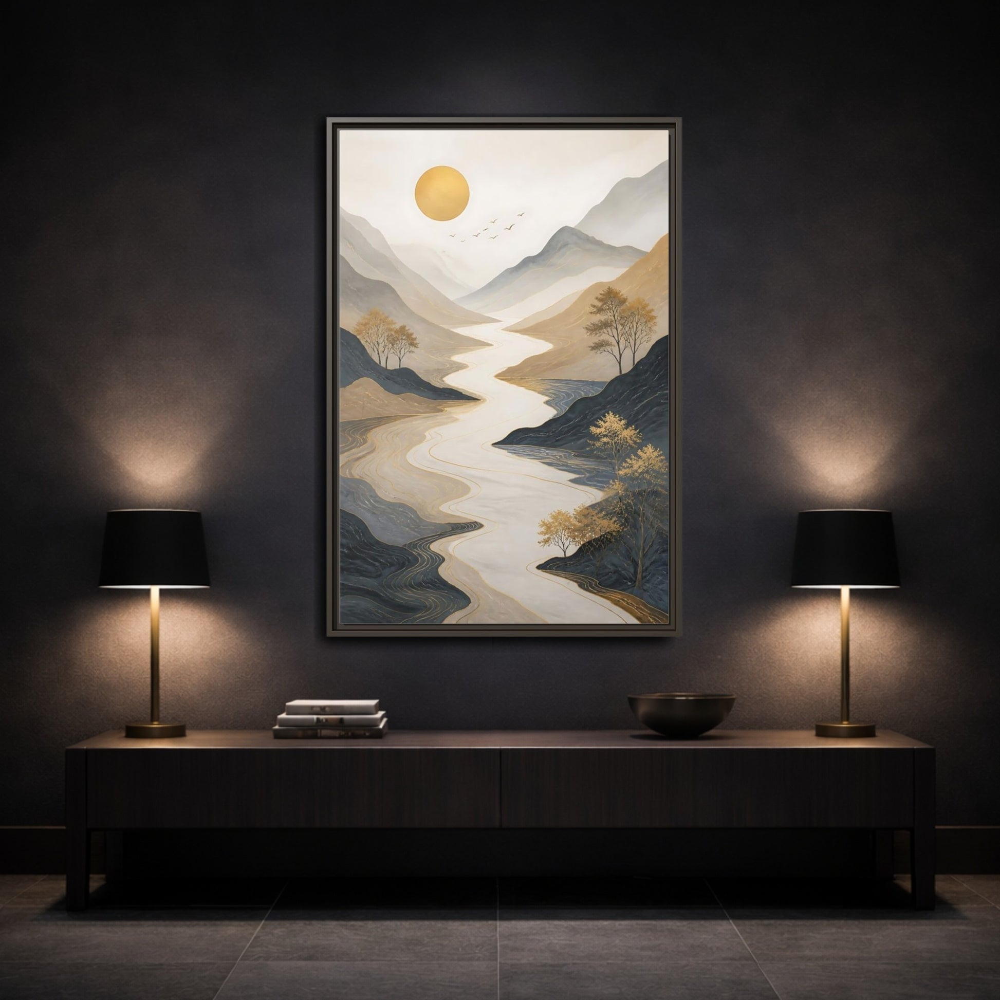 Mockup 3. Nature River Mountains Gold Mountain River shown as stretched canvas wall art
