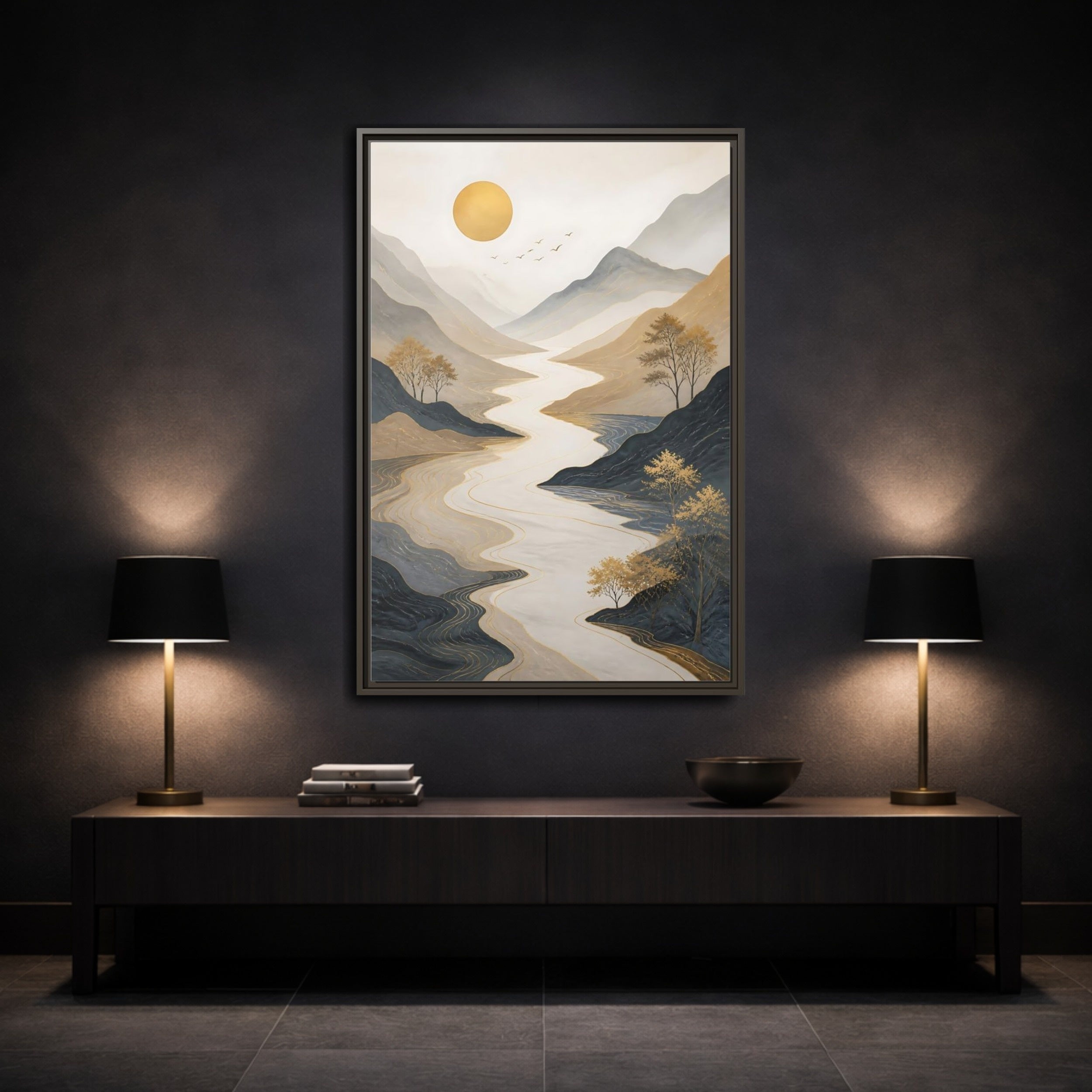 Mockup 3. Nature River Mountains Gold Mountain River shown as stretched canvas wall art