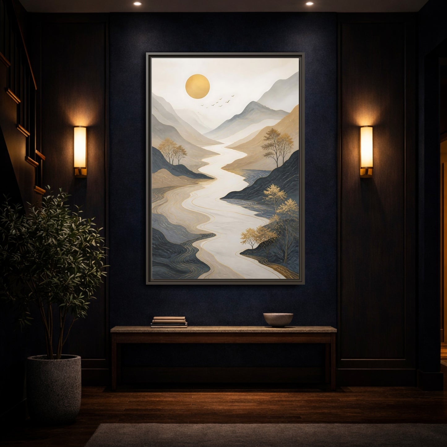 Mockup 4. Nature River Mountains Gold Mountain River shown as stretched canvas wall art