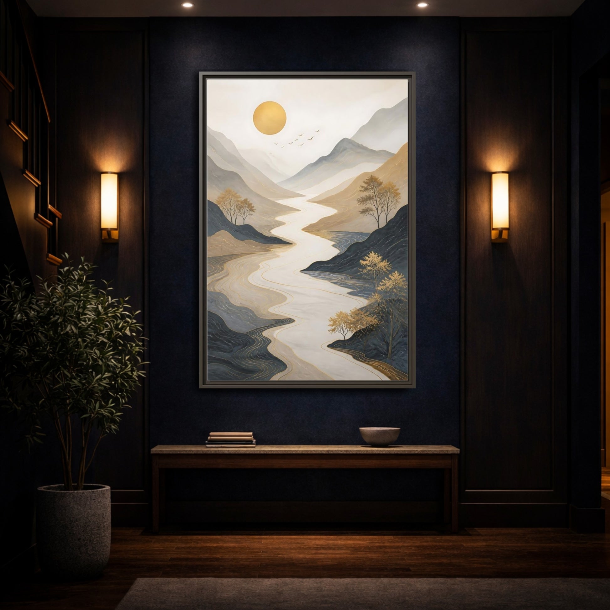 Mockup 4. Nature River Mountains Gold Mountain River shown as stretched canvas wall art